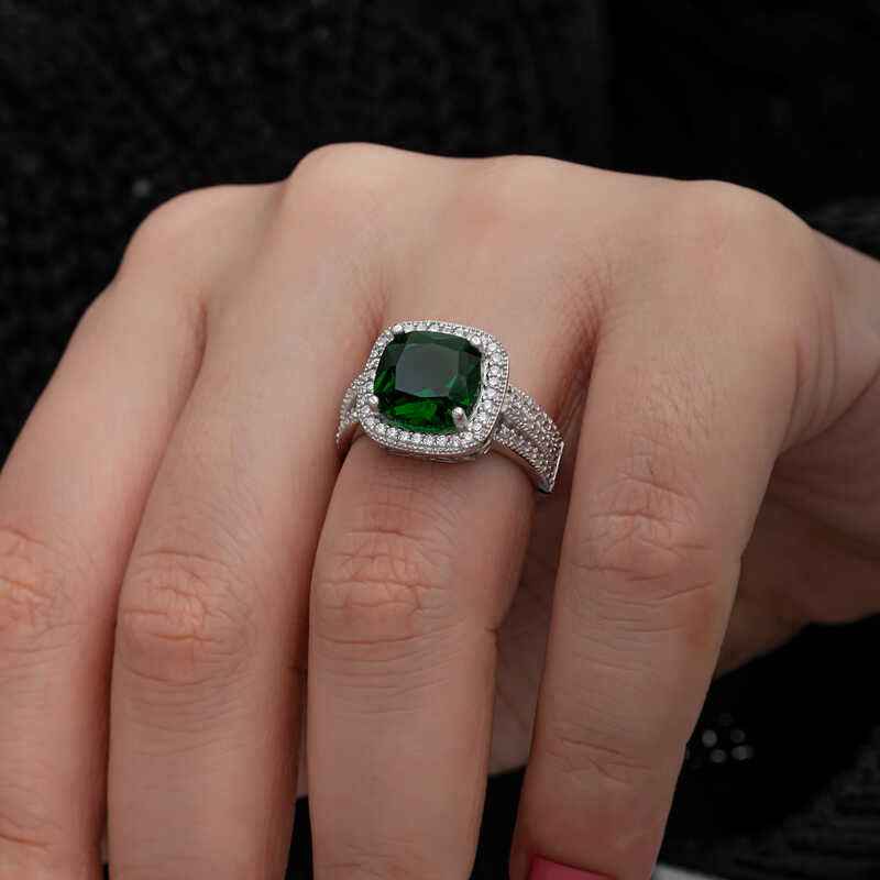 Green Baguette Square Women's Silver Ring
