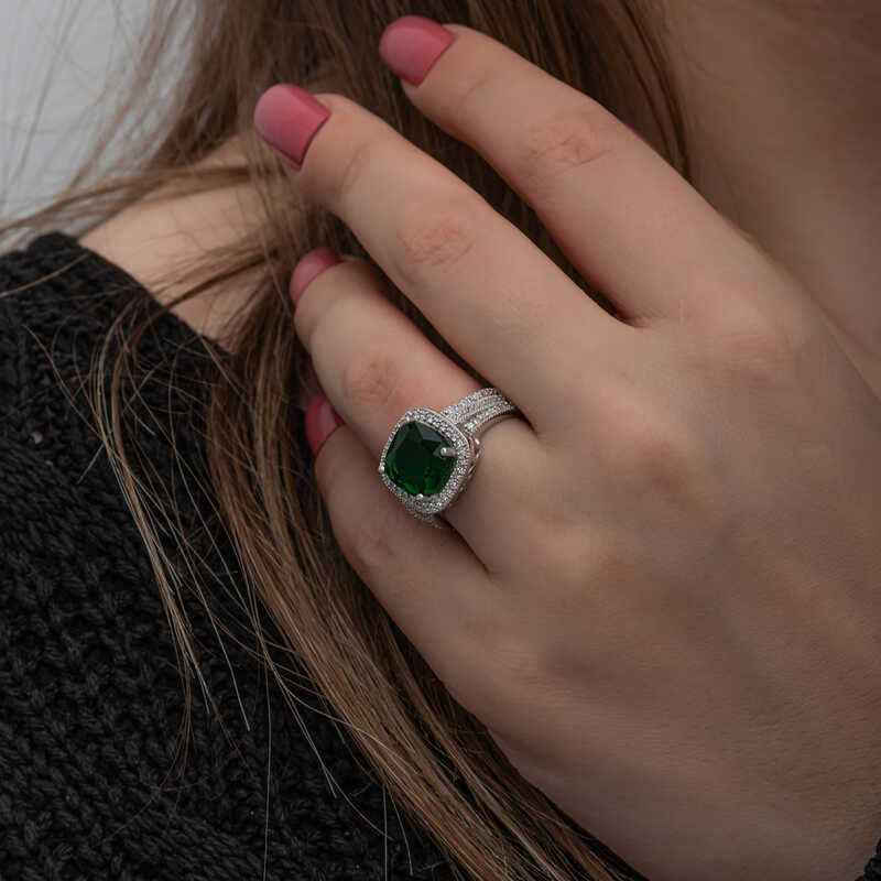Green Baguette Square Women's Silver Ring