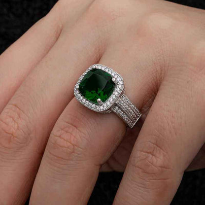 Green Baguette Square Women's Silver Ring