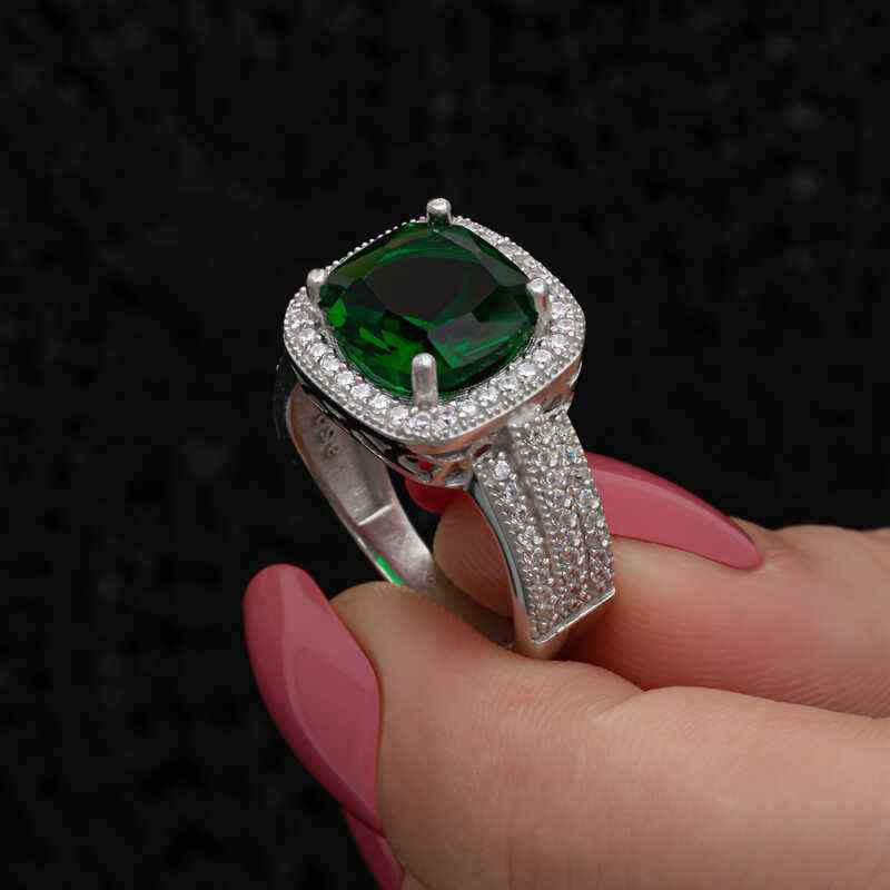 Green Baguette Square Women's Silver Ring