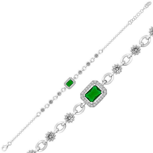 Green Baguette Stone Women's Silver Bracelet