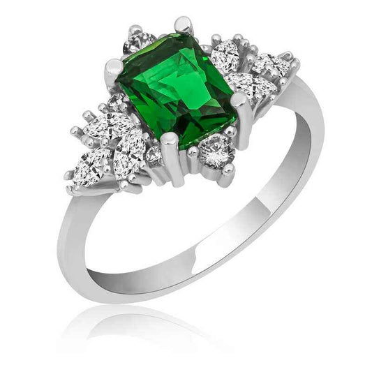 Green Baguette Stone Women's Silver Ring