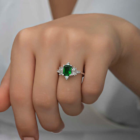 Green Baguette Stone Women's Silver Ring