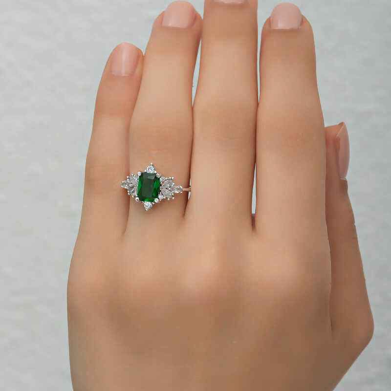 Green Baguette Stone Women's Silver Ring