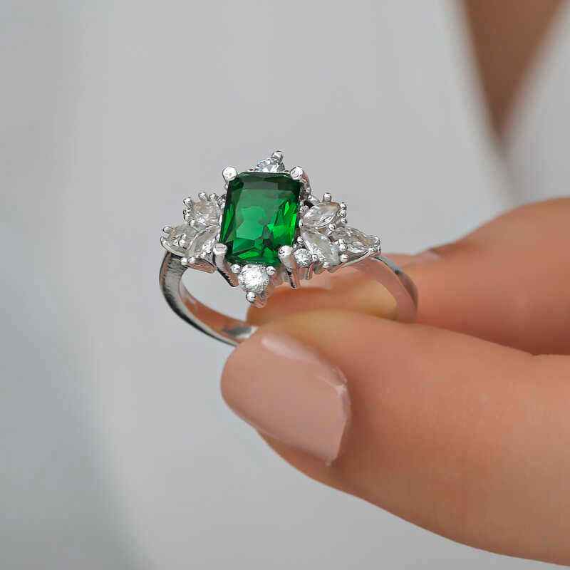 Green Baguette Stone Women's Silver Ring