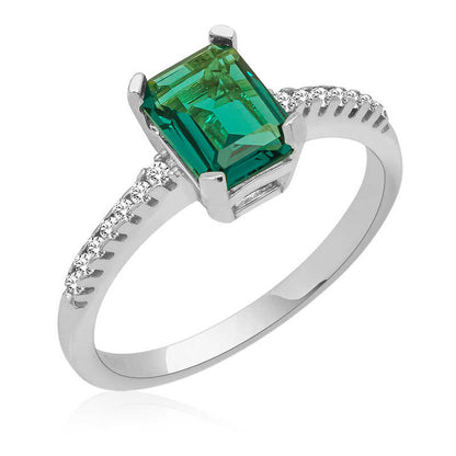 Green Baguette Stone Women's Silver Ring