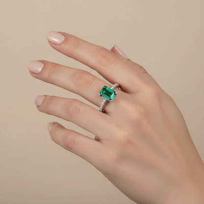 Green Baguette Stone Women's Silver Ring