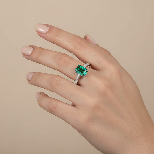 Green Baguette Stone Women's Silver Ring