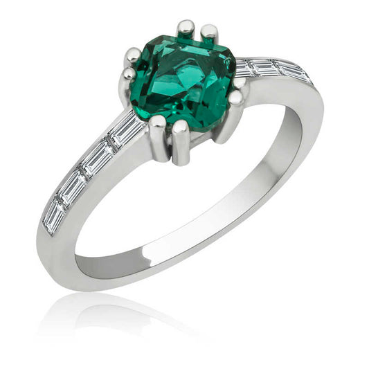 Green Baguette Single Stone Women's Silver Ring