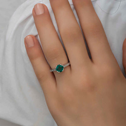 Green Baguette Single Stone Women's Silver Ring