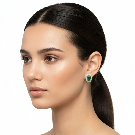 Green Flower Pattern J Women's Silver Earring