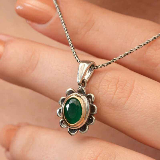 Green Flower Patterned Authentic Women's Silver Necklace