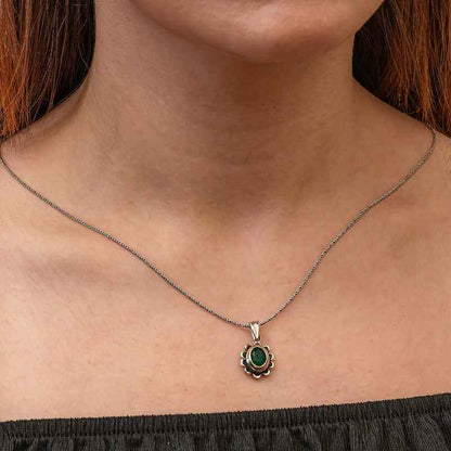 Green Flower Patterned Authentic Women's Silver Necklace
