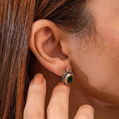 Green Flower Patterned Authentic Women's Silver Earrings