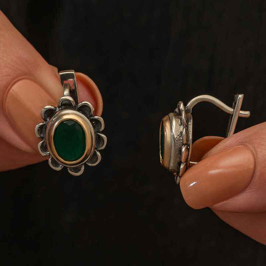 Green Flower Patterned Authentic Women's Silver Earrings
