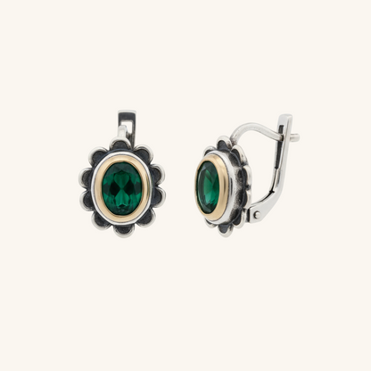 Green Flower Patterned Authentic Women's Silver Earrings