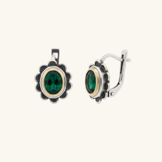 Green Flower Patterned Authentic Women's Silver Earrings