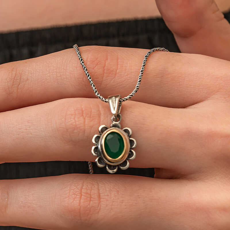 Parure en argent authentique pour femme à motifs de fleurs vertes
