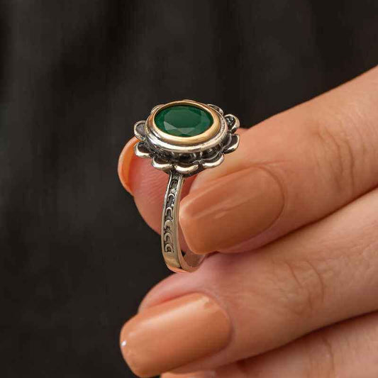Green Flower Pattern Authentic Women's Silver Ring