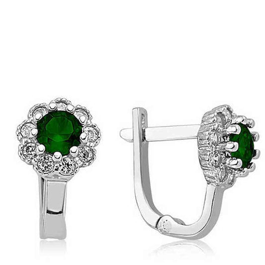 Green Floral Pattern Round J Women's Silver Earrings