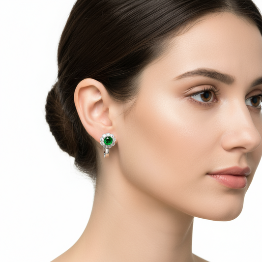 Boucles d'oreilles rondes en argent pour femme, motif floral vert, forme J