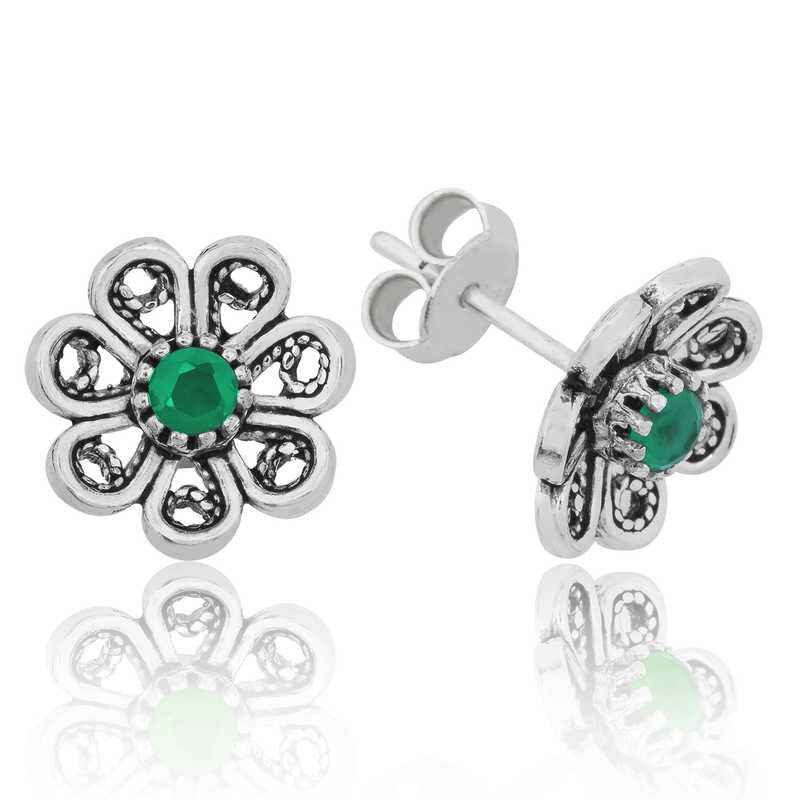 Green Filigree Flower Stud Silver Earrings