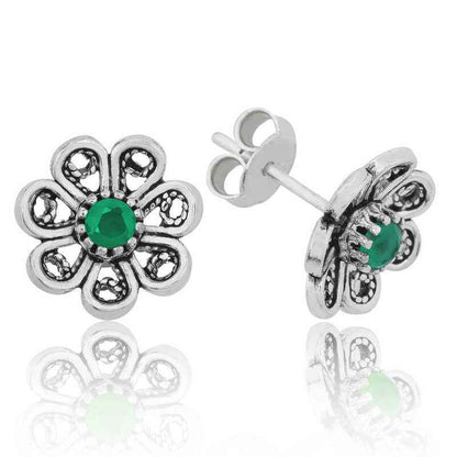 Green Filigree Flower Stud Silver Earrings
