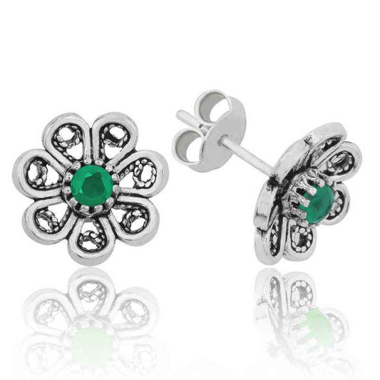 Green Filigree Flower Stud Silver Earrings
