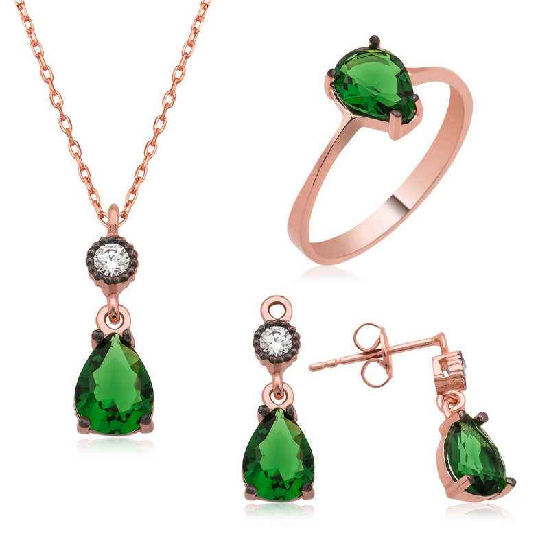 Green Drop Stone Women's Rose Plated Silver Set