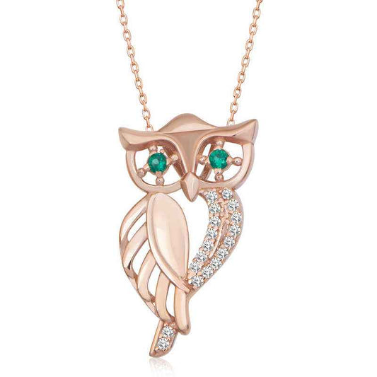 Green-Eyed Owl Rose Plated Women's Silver Pendant