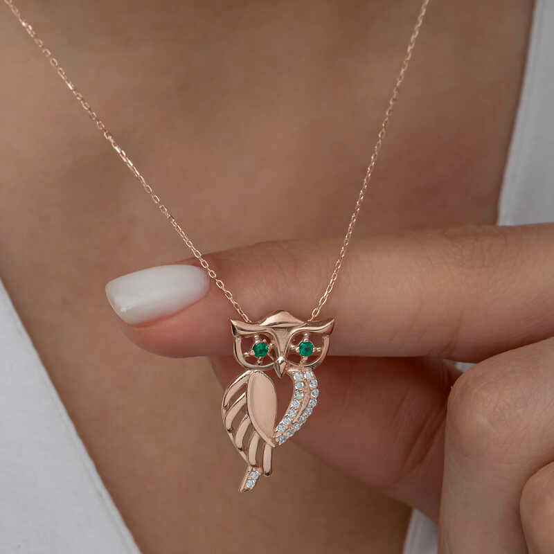 Green-Eyed Owl Rose Plated Women's Silver Pendant