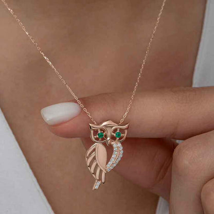 Green-Eyed Owl Rose Plated Women's Silver Pendant