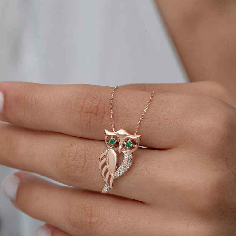 Green-Eyed Owl Rose Plated Women's Silver Pendant