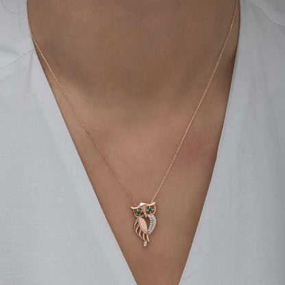 Green-Eyed Owl Rose Plated Women's Silver Necklace