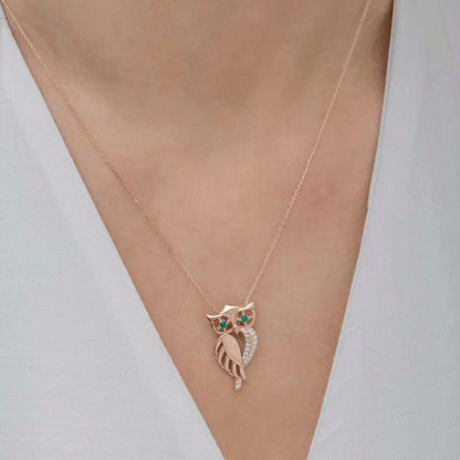 Green-Eyed Owl Rose Plated Women's Silver Necklace