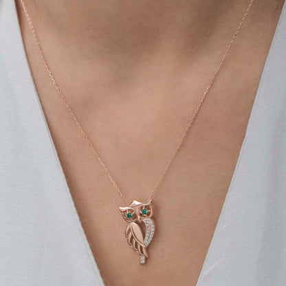 Green-Eyed Owl Rose Plated Women's Silver Necklace