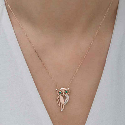 Green-Eyed Owl Rose Plated Women's Silver Pendant
