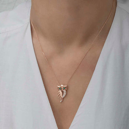 Green-Eyed Owl Rose Plated Women's Silver Necklace