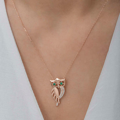 Green-Eyed Owl Rose Plated Women's Silver Necklace
