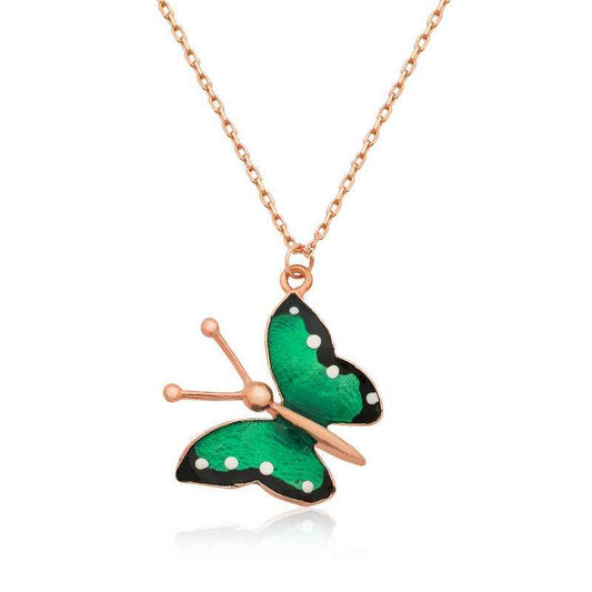 Green Butterfly Women's Rose Gold Plated Silver Necklace