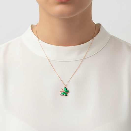 Green Butterfly Women's Rose Gold Plated Silver Necklace