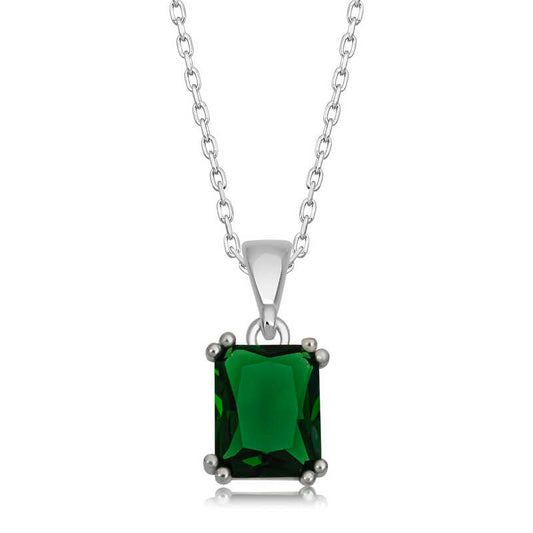 Green Zircon Baguette Stone Women's Silver Necklace