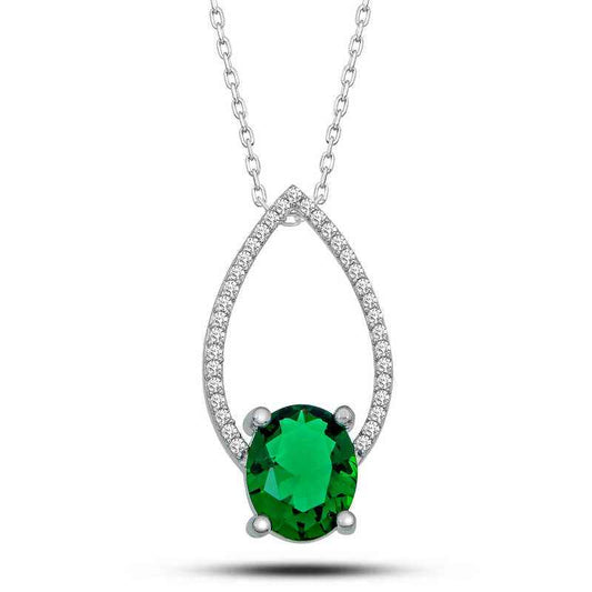 Green Oval Stone Drop Women's Silver Pendant