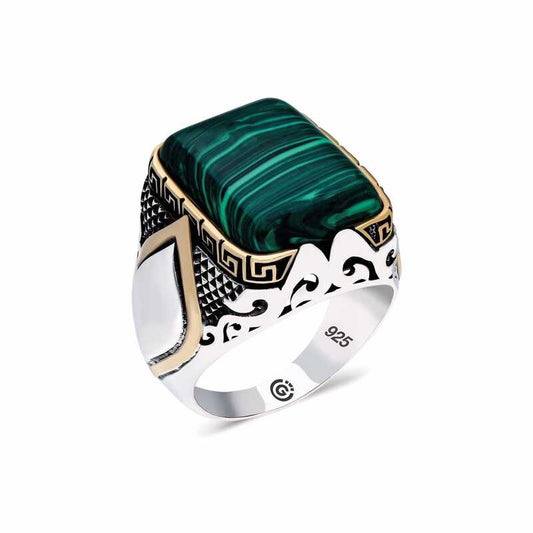 Square Malachite Stone Men's Silver Ring