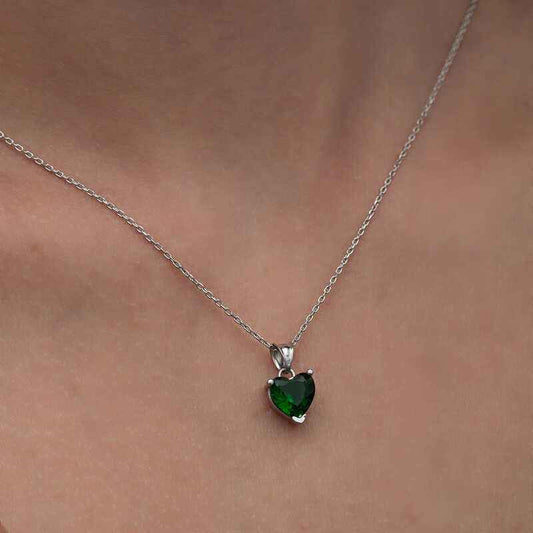 Green Stone Heart Women's Silver Necklace
