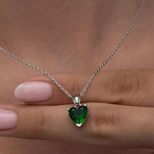 Green Stone Heart Women's Silver Necklace