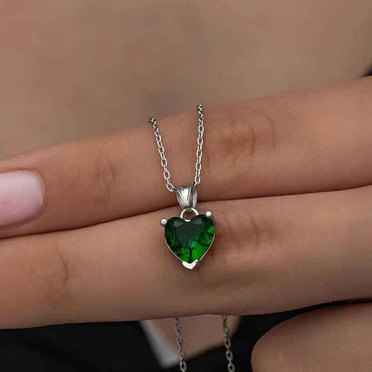 Green Stone Heart Women's Silver Necklace