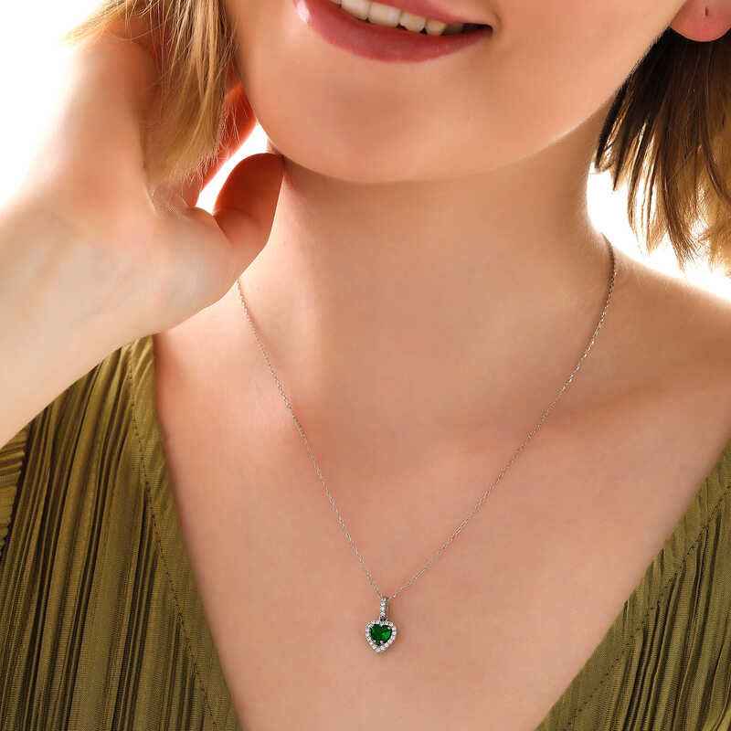 Green Stone Heart Women's Silver Pendant