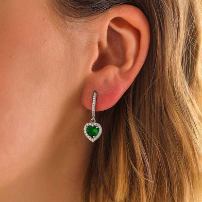 Green Stone Heart Women's Silver Earrings