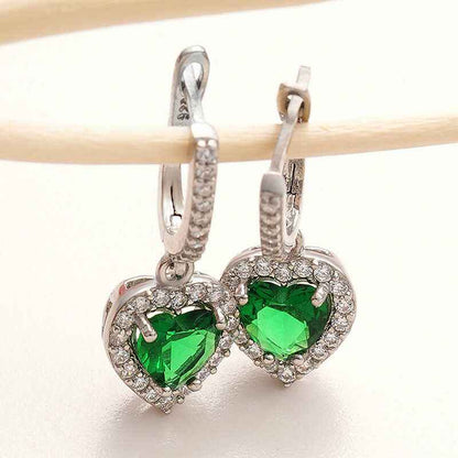 Green Stone Heart Women's Silver Earrings